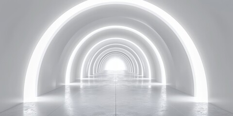 Fototapeta premium A futuristic, bright white tunnel with glowing lights. Clean lines and modern design in a sci-fi atmosphere.