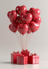 3D rendering of heart shaped balloons with red gift boxes below on a white background, in the style of a clipart