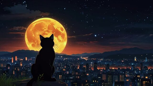 Lofi Lovely dream anime cityscape. black cat looking at the city on the hill. Beautiful landscape with fireflies and big moon anime or cartoon style, looping 4k video animation background