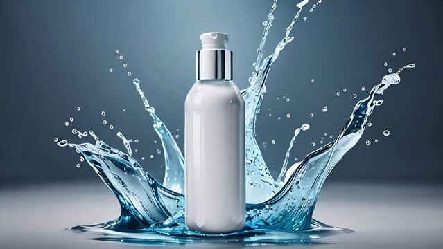 Mockup of white bottle for cosmetics in splashes of water drops