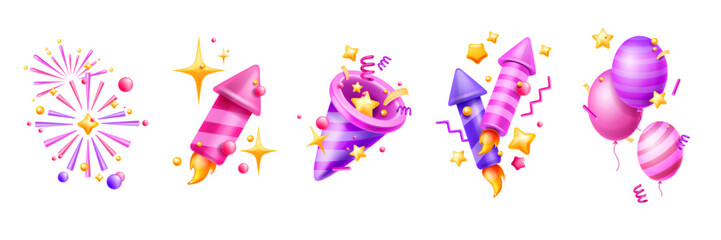 3D holiday party icon set, vector firework explosion, surprise paper popper, festive confetti. Cartoon birthday balloon, greeting falling serpentine, colorful carnival rocket. Party icon collection