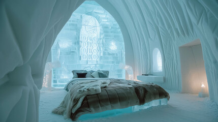 Cozy Bedroom in the Ice Hotel, Canada Ice Hotel, Scandinavian Ice Hotel, Ice Hotel Bedroom With High Ceilings, Ice Sculptures, And An Ice-carved Bed Adorned With Cozy Blankets