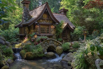 Fototapeta premium Nestled beside a bubbling brook, the fairytale cottage