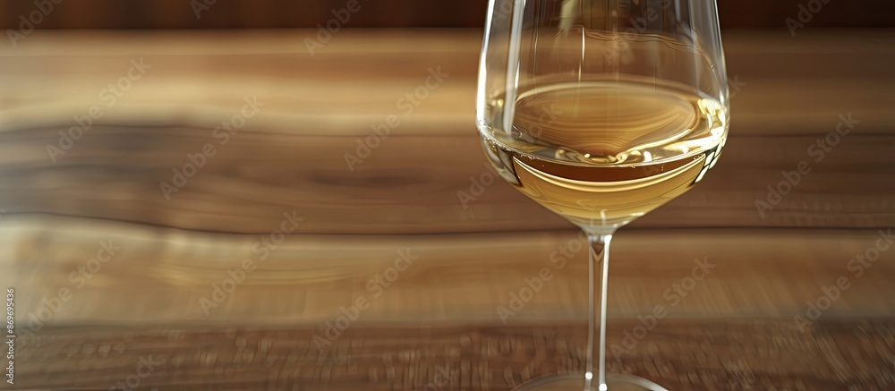 Aufkleber Close-up view of a white wine-filled wineglass on a walnut table with copy space image available.