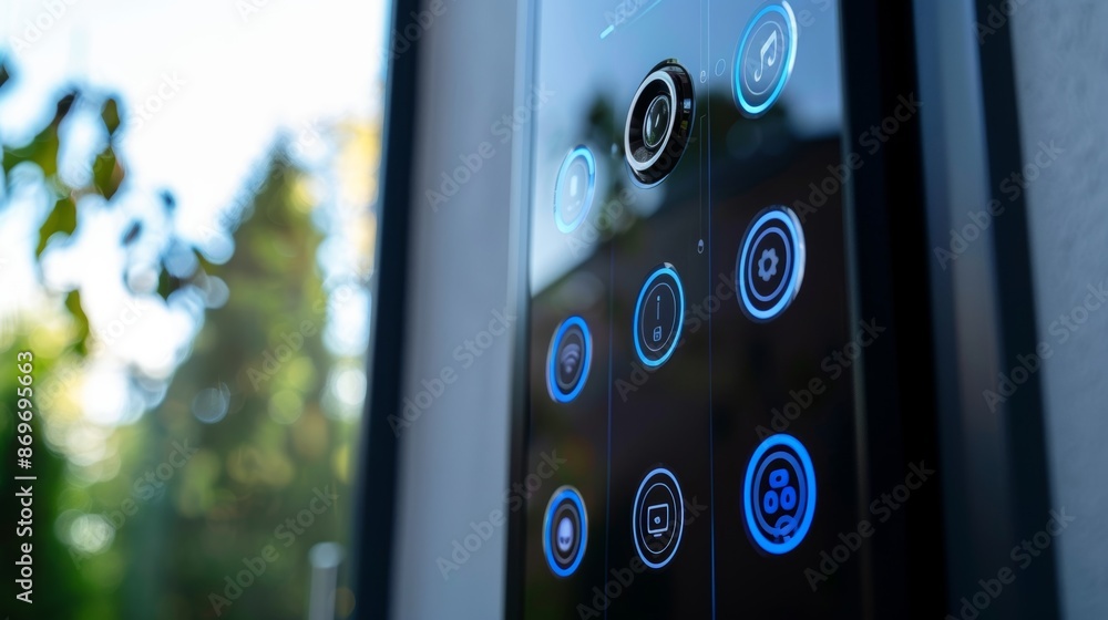 Poster a shot of a smart doorbell touchscreen panel showing various options for camera settings and notific