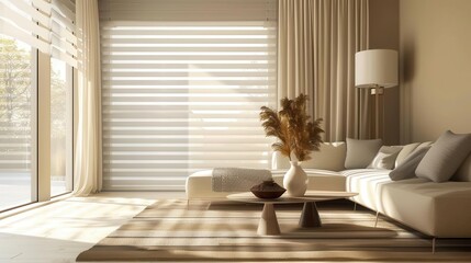 a serene beige and earthtone living room with modern furniture soft natural light filters through sheer blinds creating a cozy and inviting atmosphere