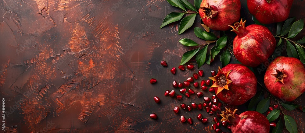 Poster Top view of churchkhelas and pomegranate on a textured table with copy space image available.