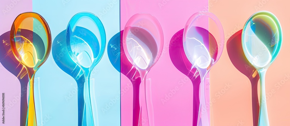 Poster Clear ceramic serving spoons arranged neatly on colorful background with ample blank area for text, captured in a top-down perspective view.