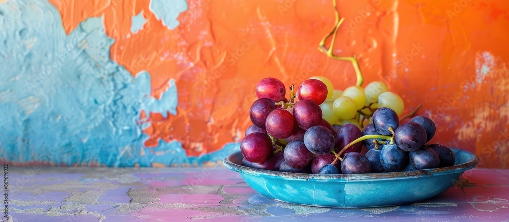 Poster Grapes displayed on a blue plate with a vibrant wall in the background add a pop of color to the copy space image.