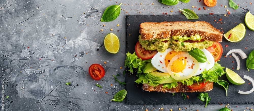 Poster top-down view of a nutritious diet sandwich with guacamole, fresh veggies, egg, lime, lettuce, and b