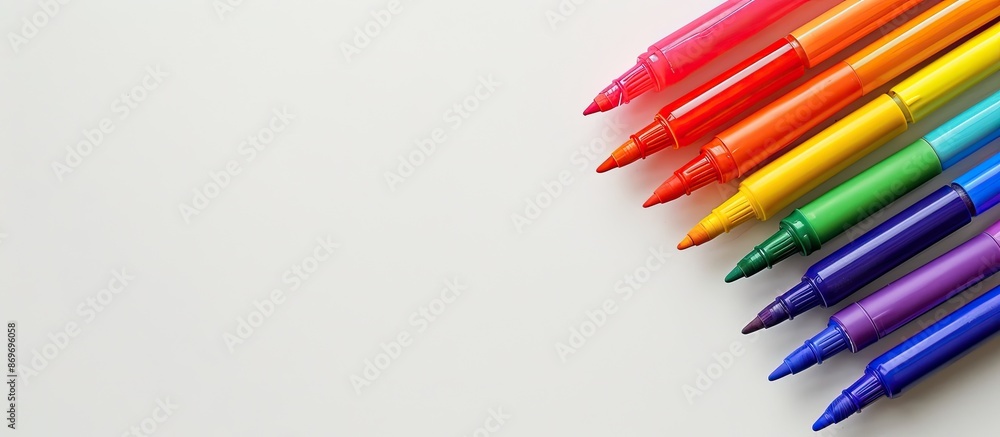Aufkleber rainbow-colored markers on a white backdrop resembling the lgbtq pride flag with copy space image.