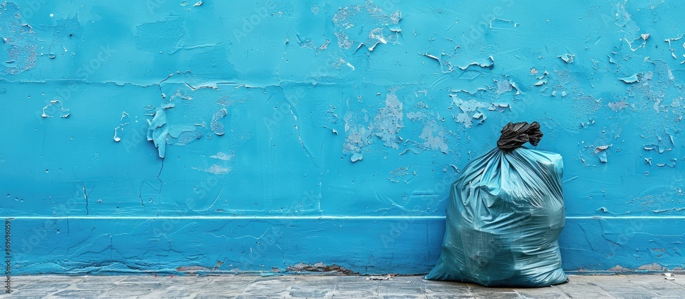 Poster garbage bag positioned beside blue wall in photo with copy space image.