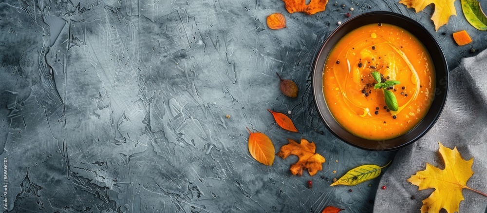Poster vegetarian pumpkin soup puree in rustic style on a gray background with a top view, perfect for than