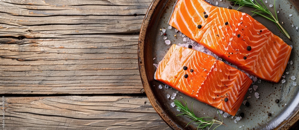 Poster Top view of a cooked salmon fillet on a plate against a wooden background with copy space image.