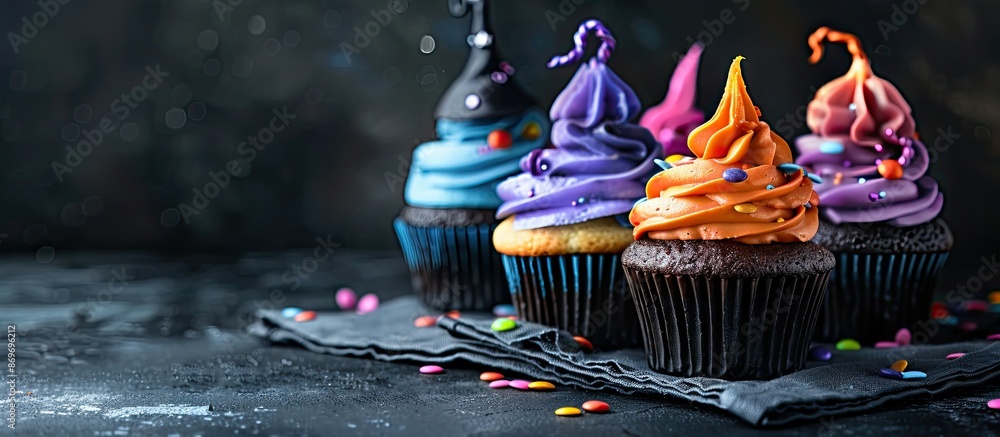 Poster Witch hat cupcakes displayed on a dark surface with ample copy space image.