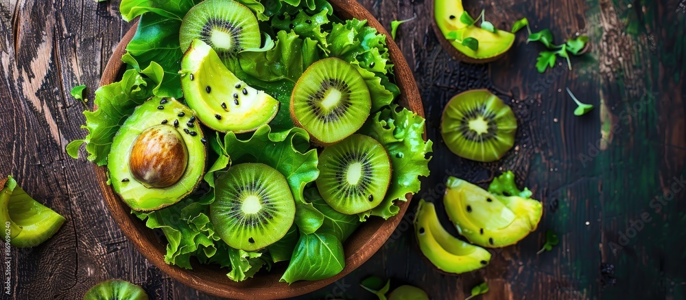 Poster avocado kiwi salad with lettuce mix, perfect for a healthy meal or snack, displayed on a rustic tabl