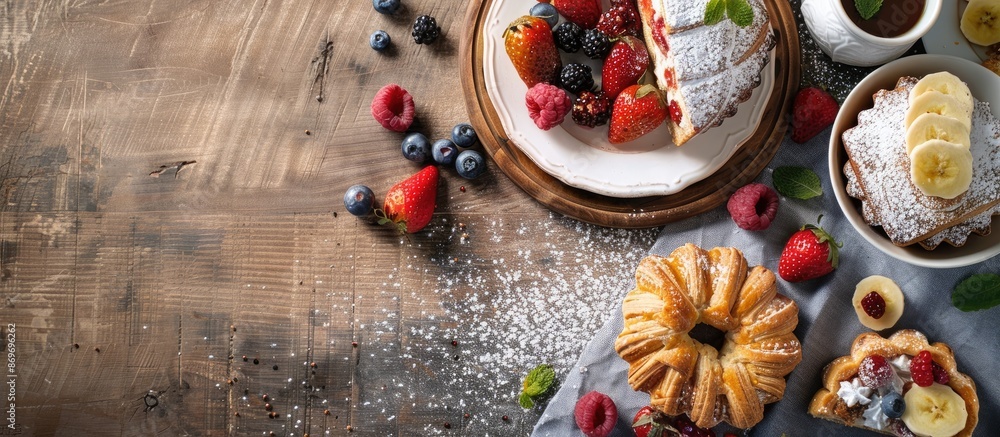 Aufkleber Rustic-style image of a summer family breakfast featuring homemade puff pastry cake. Portioned servings displayed on a table with copy space.