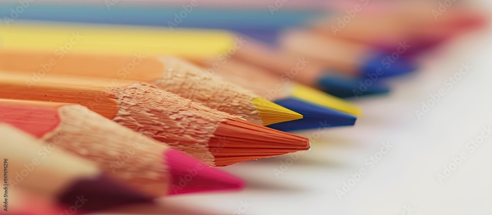 Aufkleber Colorful assortment of pencils in various shades are displayed in a row on a white background with a blurred side perspective, ideal for a copy space image.
