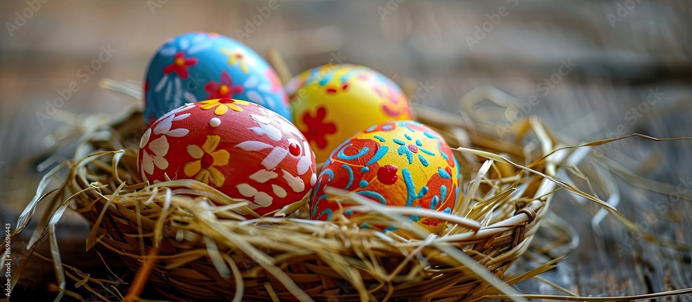 Leinwandbilder Easter eggs are colorful, decorated eggs symbolizing Easter. Copy space image. Place for adding text and design