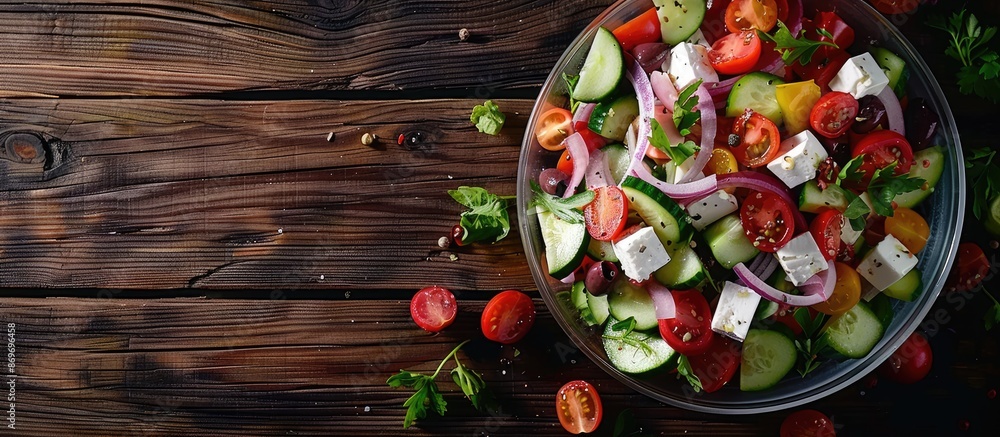 Aufkleber A top view of a Greek salad made from fresh vegetables displayed on a wooden background with ample copy space image.