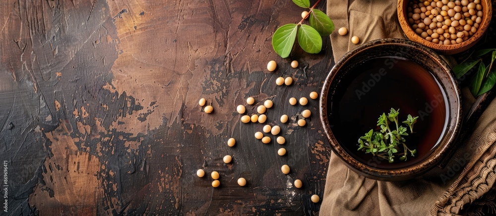 Poster Japanese soy sauce and uncooked soybeans in a copy space image.