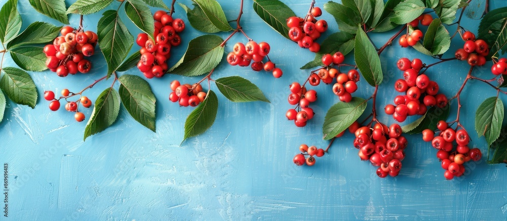 Aufkleber Ripe rowan berries and green leaves arranged on a light blue wooden table in a flat lay composition with room for text in the image. Copy space image. Place for adding text and design