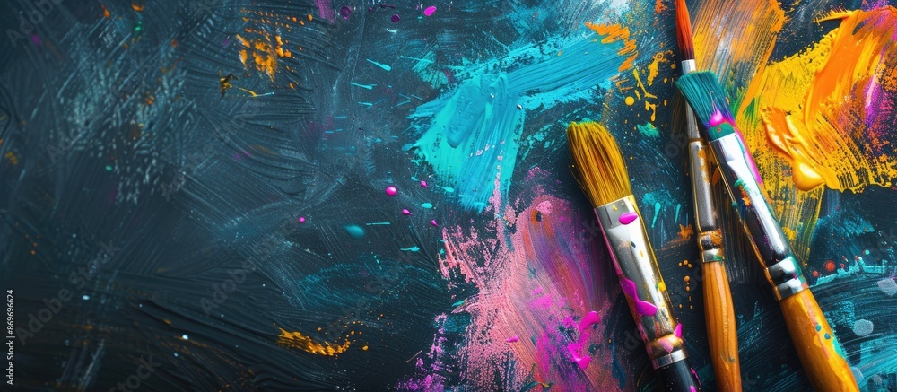 Aufkleber chalkboard backdrop with colorful paint and paintbrush featuring copy space image.