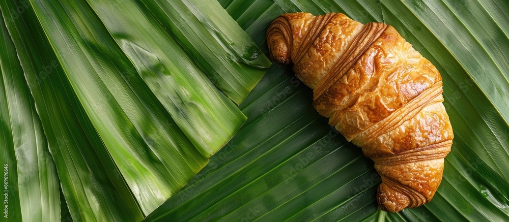 Poster A detailed image of a croissant placed on a banana leaf with space for additional content.
