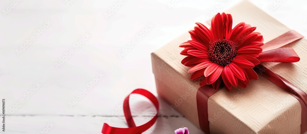 Poster present with a flower in a gift box and ribbon on a white background, ideal for a copy space image.