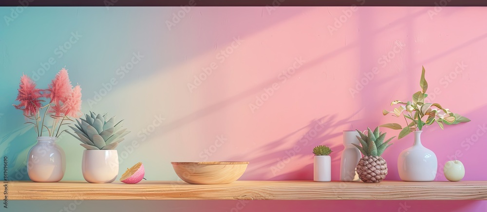Aufkleber Elegant shelf with decorations on a colorful backdrop, perfect for a copy space image.