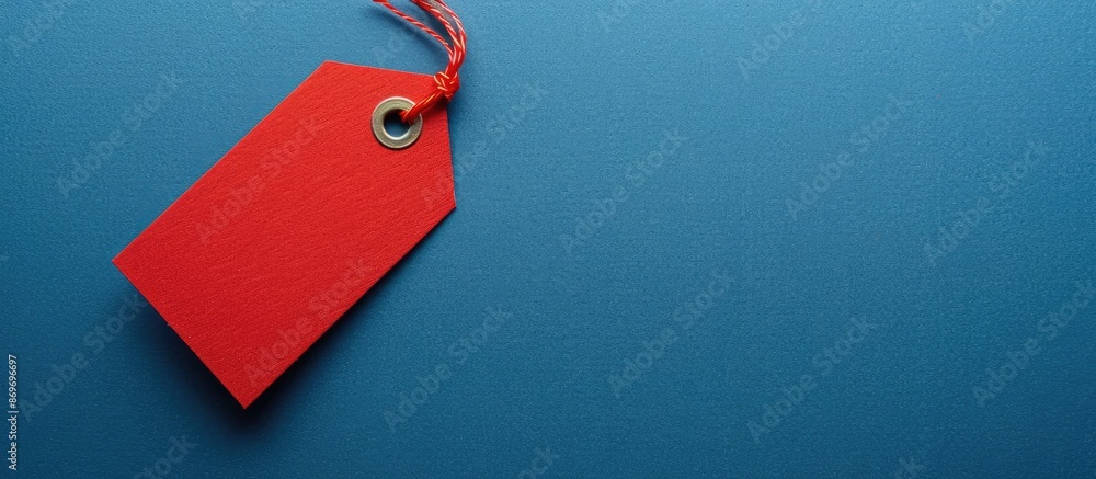 Fototapete top view of a red tag against a blue backdrop, emphasizing a black friday concept with a copy space 