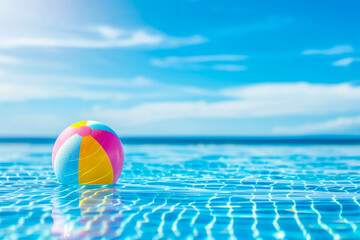 Colorful beach ball floating in the pool, summer background with blue sky and copy space