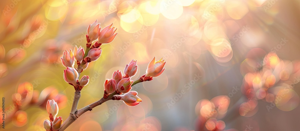 Poster Copy space image showing tree buds blooming in early spring with a blurred background for added focus.