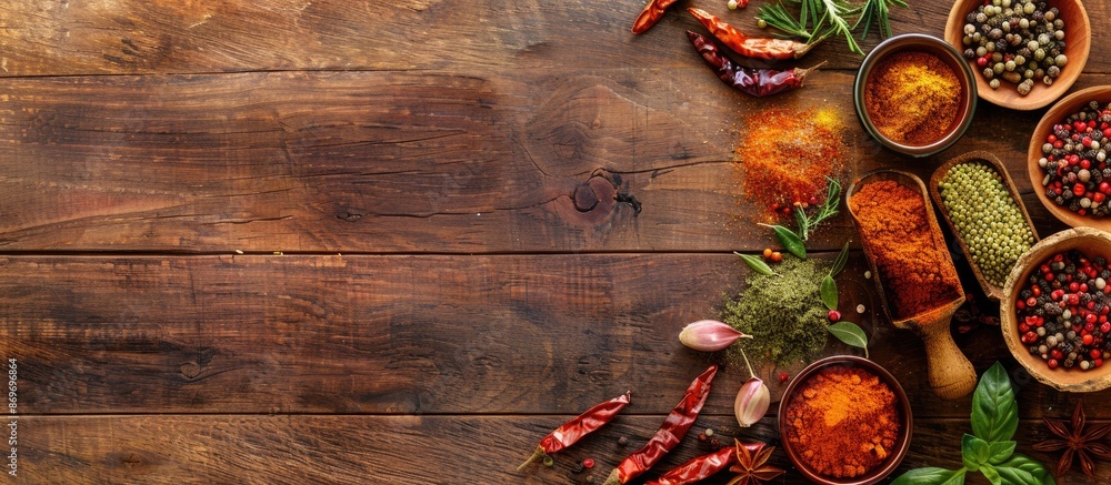 Leinwandbilder top view of a wooden table featuring a variety of colorful spices with copy space image.