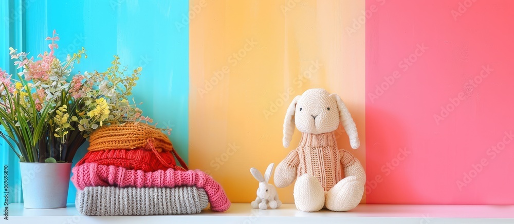 Poster on the table near the colorful wall, there are a houseplant, sweaters, and a toy rabbit with copy sp