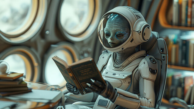 A smart alien reading a book in a futuristic reading room