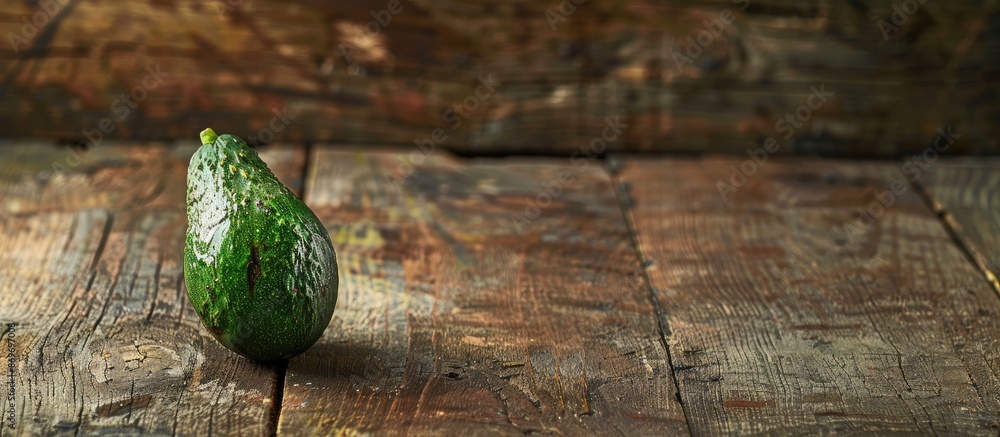 Poster avocado placed on a wooden surface with ample copy space and focused selectively.