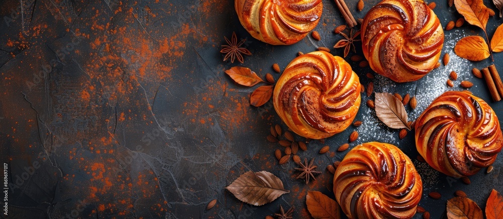 Aufkleber top view of delicious pumpkin-shaped buns and cinnamon on a dark backdrop with room for text, ideal 
