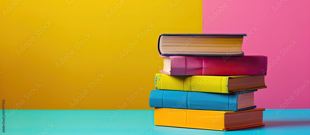 Poster colorful stack of books against an educational backdrop, perfect for a back-to-school theme with amp