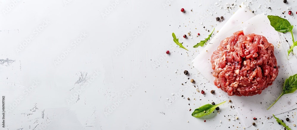 Poster Top view of forcemeat displayed on a white background with copy space image.