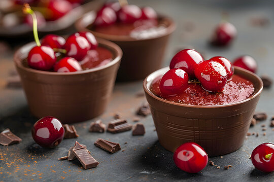 Chocolate cups with Ginjinha cherry liqueur topped with fresh cherries, surrounded by pieces of chocolate. Traditional portuguese liqueur