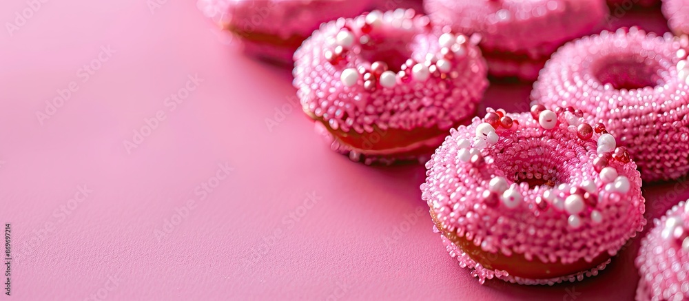 Canvas Prints Handmade crocheted donuts adorned with shiny beads on a magenta background, perfect for a creative greeting card for Valentine's or Mother's Day, featuring copy space image.