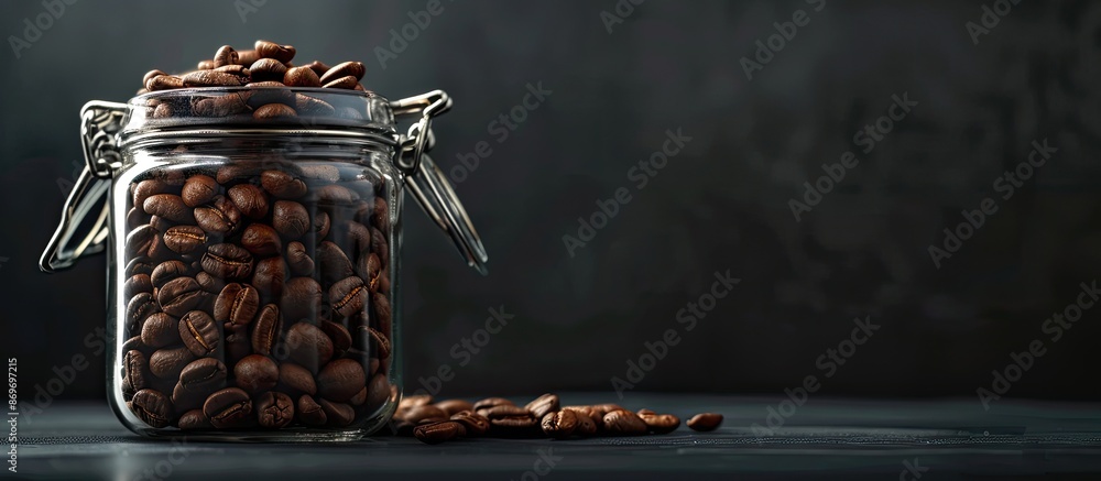 Poster a coffee bean is displayed on black glass in a jar, perfect for promoting your business through adve