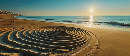 Naklejka premium Circular patterns and curved lines etched in the sand on the beach create a captivating copy space image.