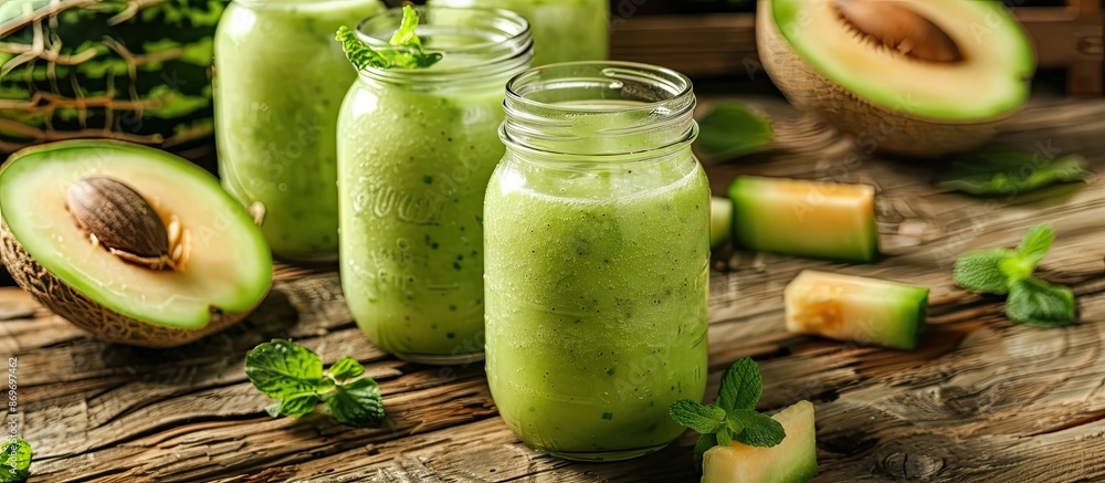 Poster melon smoothie in glass jars on a wooden table with a rustic background, ideal for a copy space imag