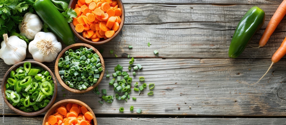 Aufkleber Various fresh vegetables like chopped carrot, green pepper, garlic, and parsley are artfully arranged on a wooden table in a top view image with a rustic style and ample copy space for adding text.