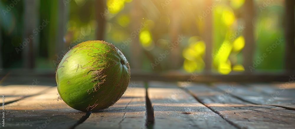Poster A crisp, green coconut shown alone on a wooden surface, with blurred background effect and room for text or other images. Copy space image. Place for adding text and design