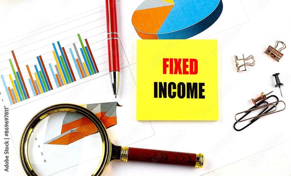 Poster fixed income text on yellow sticky on chart with magnifier and pen
