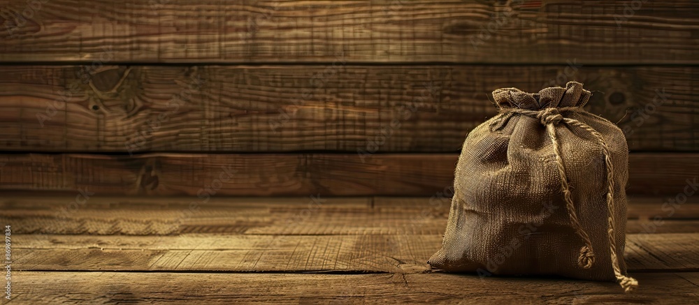 Aufkleber Wooden table as a backdrop for a drawstring pouch with copy space image.