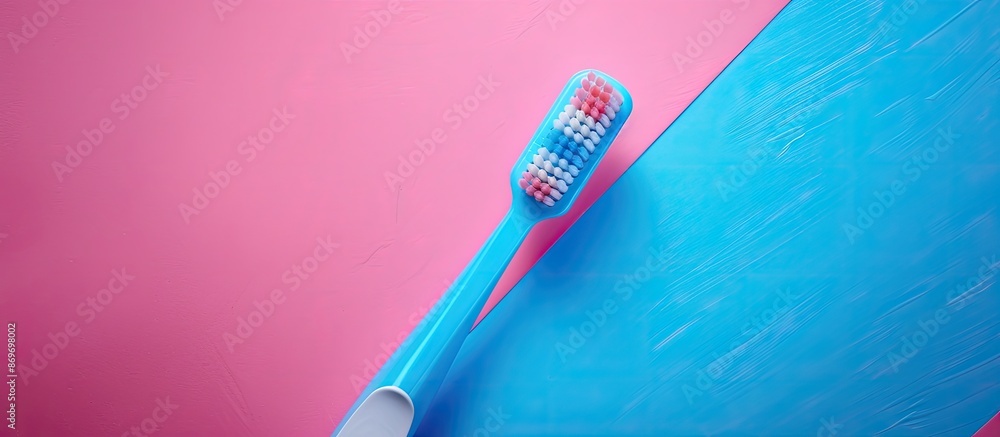 Aufkleber Electric blue toothbrush displayed against a vibrant pink and blue geometric backdrop with empty space for text, illustrating an oral hygiene idea. Copy space image. Place for adding text and design